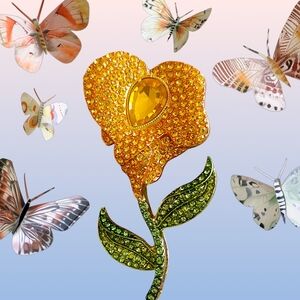 Orange and Green Rhinestone Floral Brooch